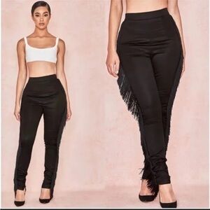 House of CB Ariyan Black Satin Fringed Trousers Pants Size XS